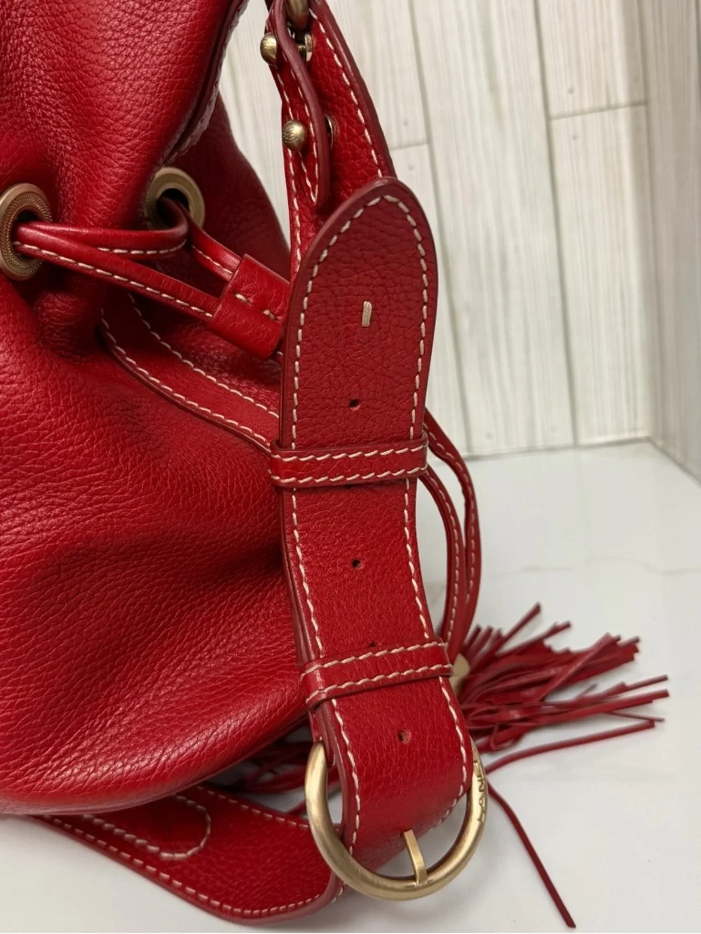 Lancel Red Pebbled Leather Shoulder Bag with Tassel Details